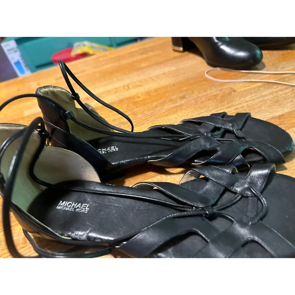Michael Kors Womens Black Leather Lace Up Gladiator Flat Sandals Size 9M
